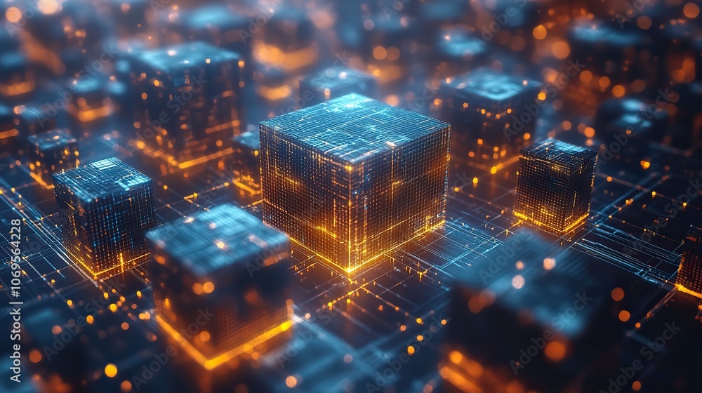 A team working on blockchain technology, connecting large cubes in an isometric illustration of future tech. A team working on blockchain technology, connecting large cubes in an isometric illustration of future tech.