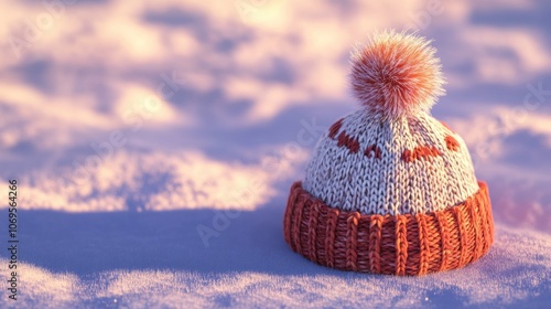 A 3D model of a cozy, knitted winter hat with a fluffy pom-pom on top, in warm colors like red and white. The hat is placed on a snowy surface, with soft shadows and a gentle winter glow. Winter. photo