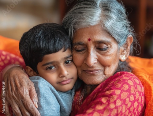 Tender Moment: An Older Lady Hugs Her Young Grandchild