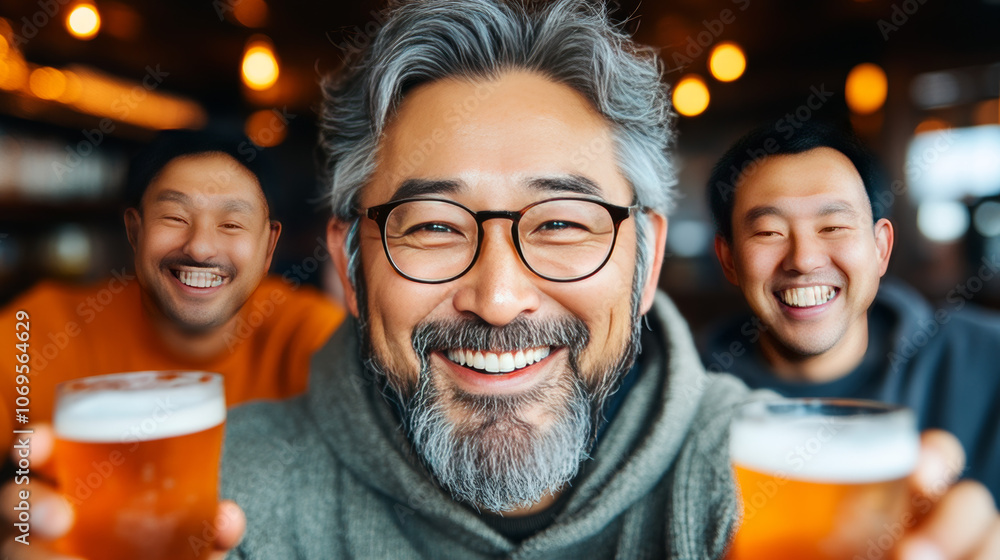 Three men smiling and holding beers at a pub. Three men smiling and holding beers at a pub.