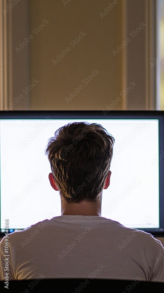 Rear view of person in white t-shirt sitting in front of bright computer screen in dimly lit room, capturing modern digital lifestyle and technology use. Rear view of person in white t-shirt sitting in front of bright computer screen in dimly lit room, capturing modern digital lifestyle and technology use.