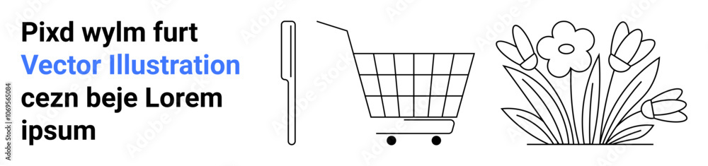 Shopping cart near flowers in a minimalist style with text. Ideal for e-commerce themes, online shopping, nature, minimalism, and illustration tutorials. Banner for landing page Shopping cart near flowers in a minimalist style with text. Ideal for e-commerce themes, online shopping, nature, minimalism, and illustration tutorials. Banner for landing page