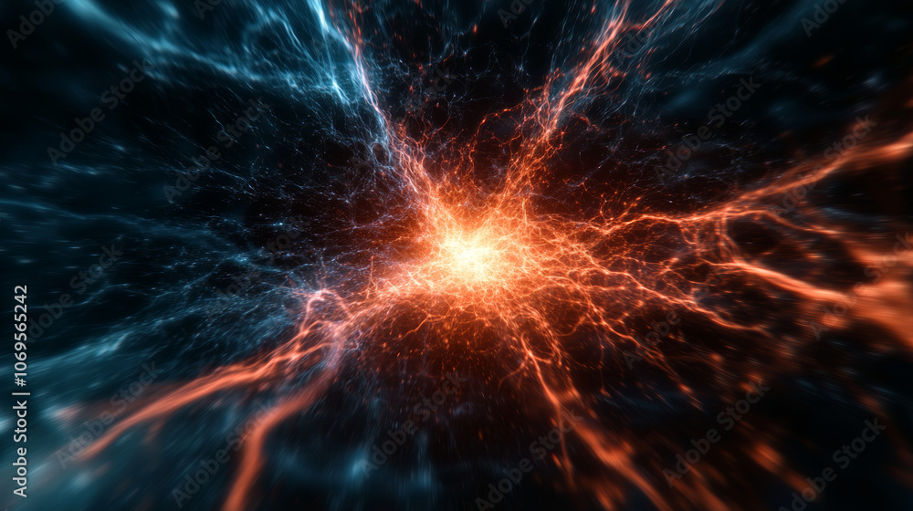 Abstract cosmic energy, with blue and orange hues radiating outward. Abstract cosmic energy, with blue and orange hues radiating outward.