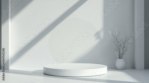 Minimalist White Platform with Dried Flower Arrangement and Shadowed Wall