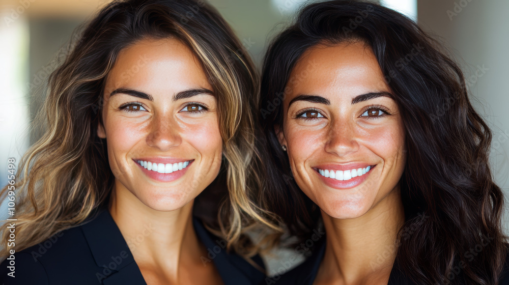 Two smiling women with long, dark hair. Two smiling women with long, dark hair.