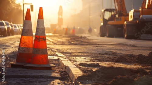 Construction site with traffic cones and machinery at sunset, indicating road work in progress.