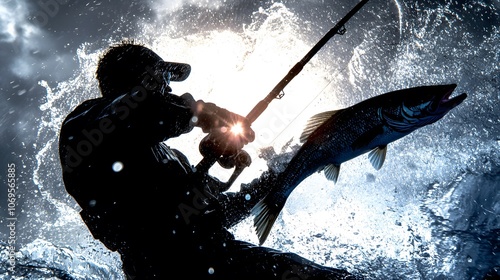 Angler Captures Thrilling Moment of Fishing Triumph Amidst a Splashing Water Scene