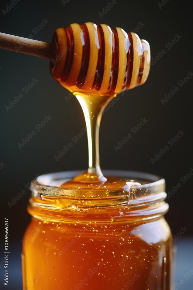 Golden honey drips from a wooden dipper into a glass jar in a rustic kitchen setting Golden honey drips from a wooden dipper into a glass jar in a rustic kitchen setting