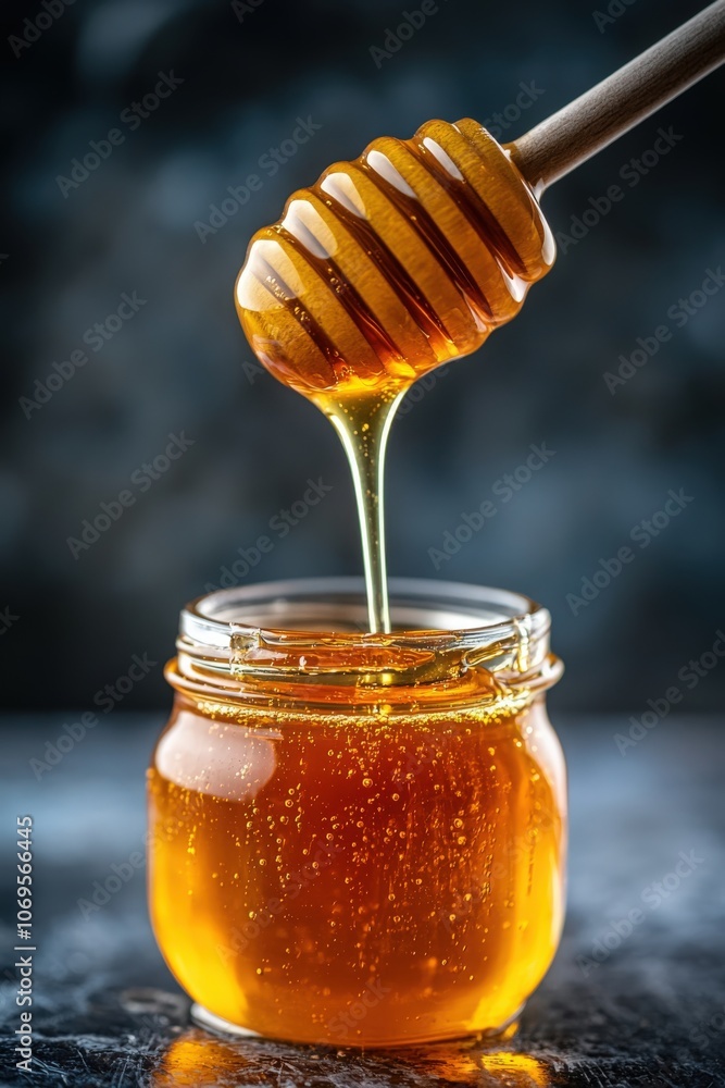 Golden honey drips from a wooden dipper into a jar on a dark background Golden honey drips from a wooden dipper into a jar on a dark background