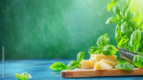 Fresh Basil and Cheese on Dark Blue Wooden Background photo