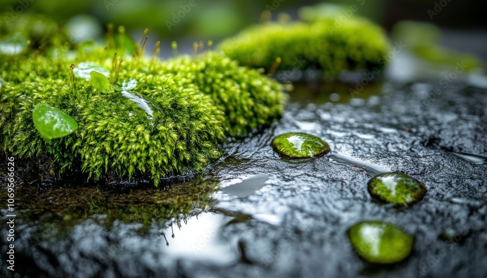Nature’s Detail: Moss and Dew on Smooth Stone Surface Nature’s Detail: Moss and Dew on Smooth Stone Surface