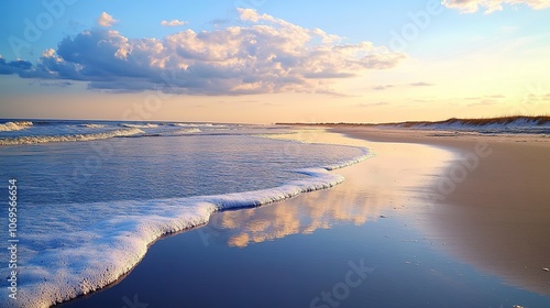 Tranquil beach with foamy waves reflecting the sky at sunset.