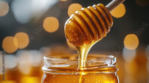 Golden honey drips from a wooden dipper into a glass jar on a blurred background photo