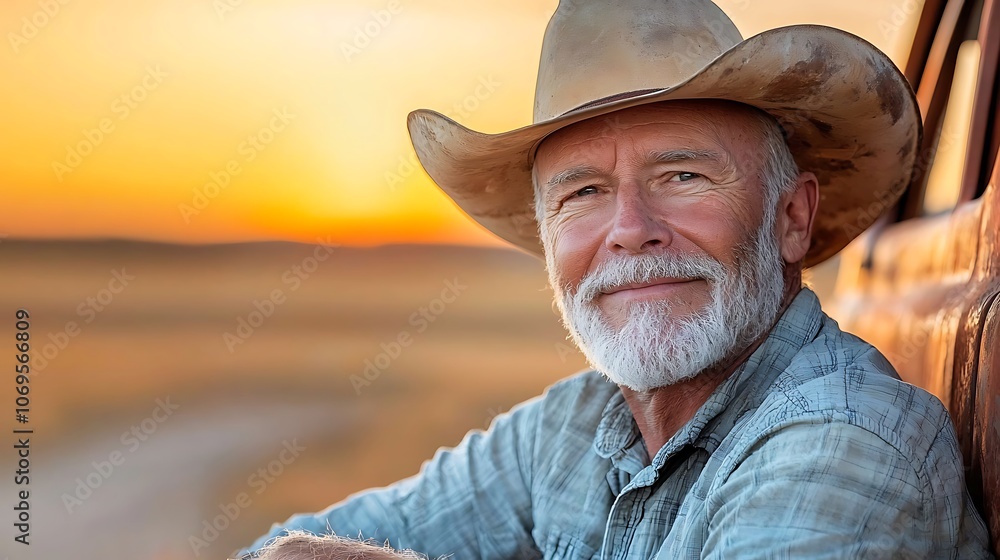 An elderly Caucasian cowboy with weathered skin and a gray beard leans casually against a rusty truck parked in a dusty field, the warm hues of the sunset casting a golden glow over the scene. An elderly Caucasian cowboy with weathered skin and a gray beard leans casually against a rusty truck parked in a dusty field, the warm hues of the sunset casting a golden glow over the scene.