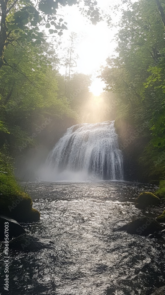 Waterfall in forest under sunlight with lush greenery, serene nature landscape Waterfall in forest under sunlight with lush greenery, serene nature landscape