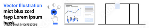Hand pressing HR button, bar charts, line graphs, textual data, and blank template. Ideal for HR, data analysis, business planning. Emphasis on technology, efficiency, statistics, decision-making