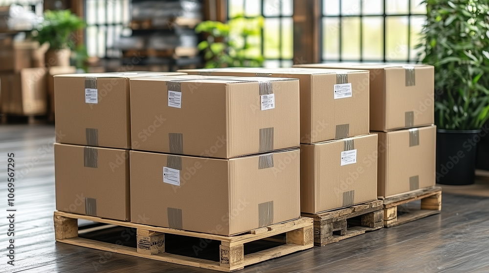Stacked Cardboard Boxes on Pallets: A pile of neatly stacked cardboard boxes on pallets, ready for shipping or storage. The image evokes a sense of efficiency and organization. Stacked Cardboard Boxes on Pallets: A pile of neatly stacked cardboard boxes on pallets, ready for shipping or storage. The image evokes a sense of efficiency and organization.