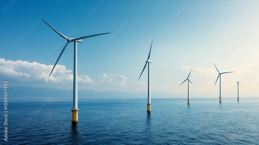 sustainable energy farm featuring wind turbines generating clean energy over ocean. serene landscape showcases harmony between technology and nature sustainable energy farm featuring wind turbines generating clean energy over ocean. serene landscape showcases harmony between technology and nature