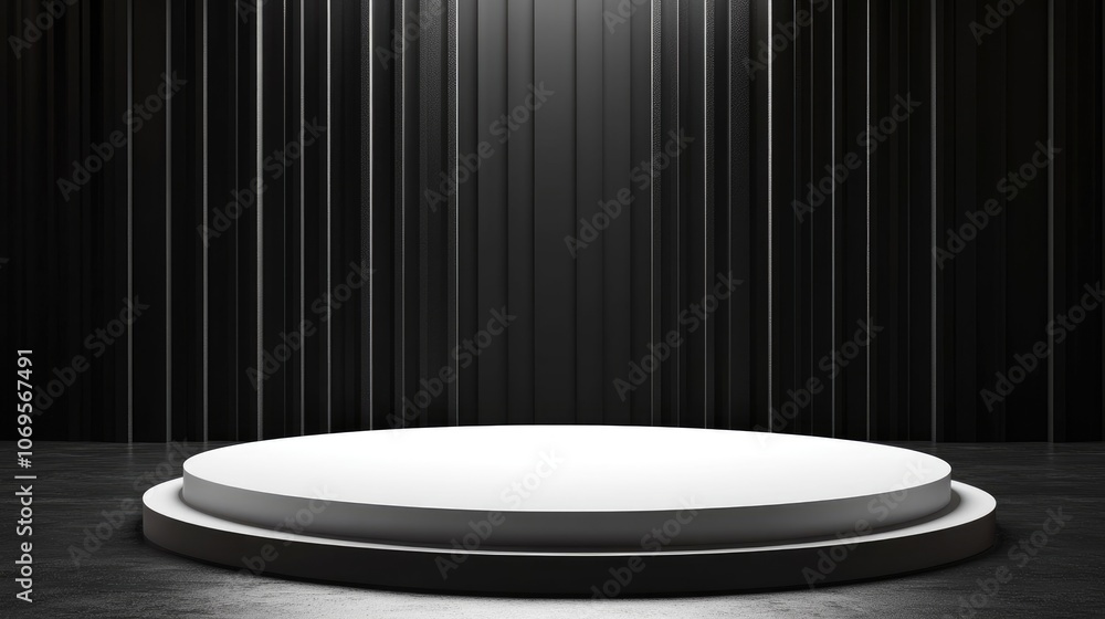 White Circular Platform on Black Striped Background White Circular Platform on Black Striped Background