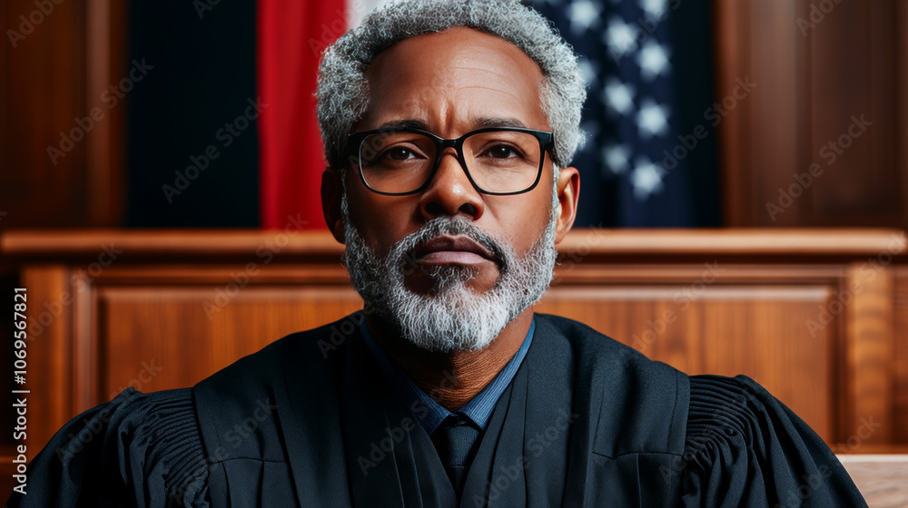 A serious-looking judge in his robes and glasses looks directly at the camera. A serious-looking judge in his robes and glasses looks directly at the camera.