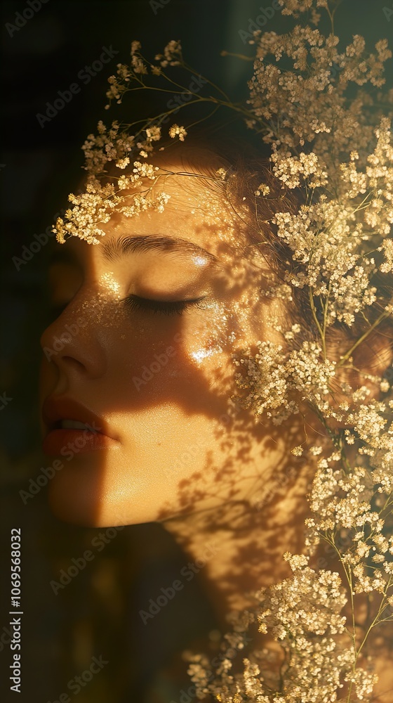 Woman with Flowers in Her Hair, Golden Hour Portrait Woman with Flowers in Her Hair, Golden Hour Portrait