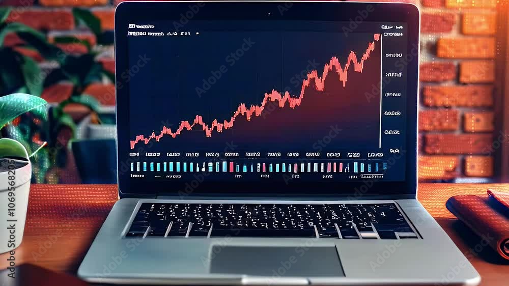 Laptop with a graph on the screen, a plant, wallets, and coins on a desk. Laptop with a graph on the screen, a plant, wallets, and coins on a desk.