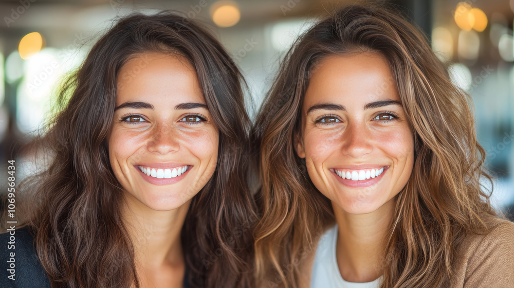 Two young women with long, dark hair, smile brightly at the camera. Two young women with long, dark hair, smile brightly at the camera.