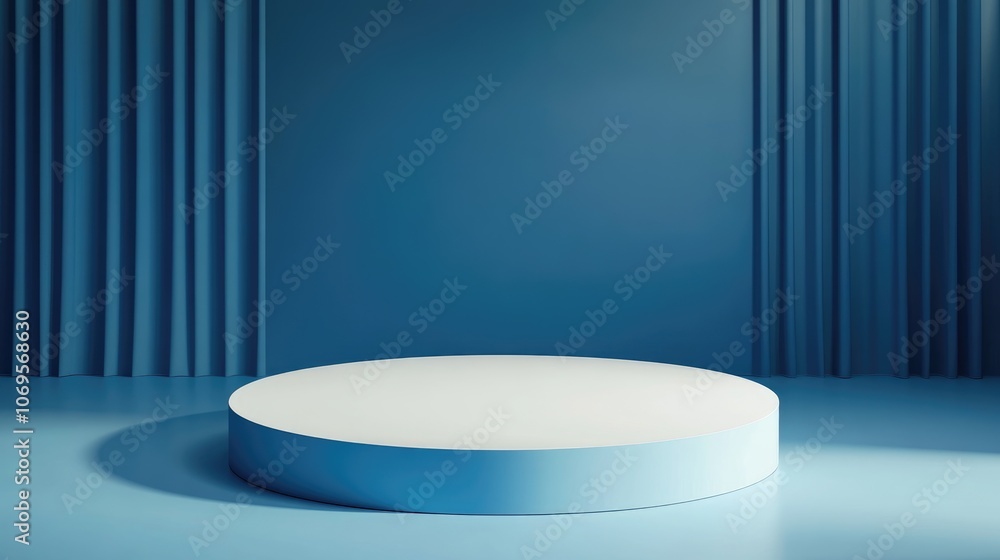 A Blue Cylindrical Platform with a White Top in Front of Blue Curtains A Blue Cylindrical Platform with a White Top in Front of Blue Curtains