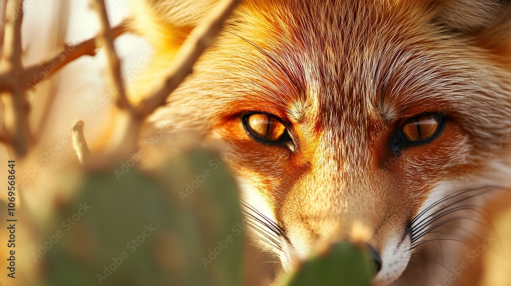 Close-up of a fox peering through foliage, showcasing its striking eyes and vivid fur in the warm, golden backlight of a sunny day. Close-up of a fox peering through foliage, showcasing its striking eyes and vivid fur in the warm, golden backlight of a sunny day.