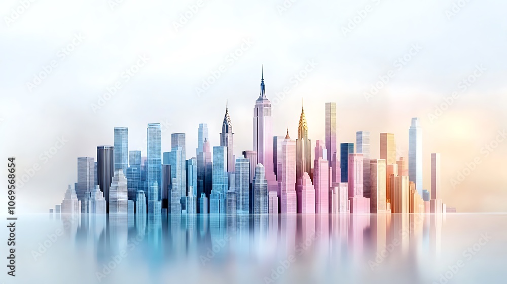 A serene, dreamlike rendering of the iconic New York City skyline, bathed in soft pastel hues of pink, lavender, and baby blue A serene, dreamlike rendering of the iconic New York City skyline, bathed in soft pastel hues of pink, lavender, and baby blue