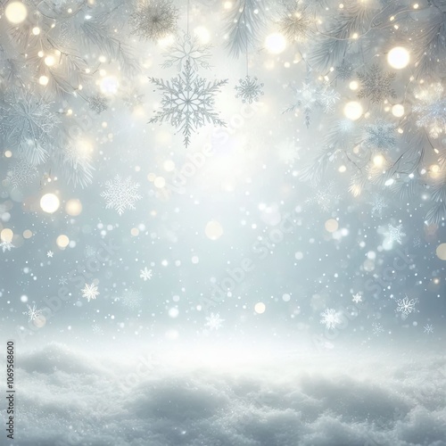 a serene winter scene featuring a gentle snowfall, where delicate snowflakes dance through the chilly air against a white background. Incorporate soft, glowing lights that reflect off the snowflakes, 