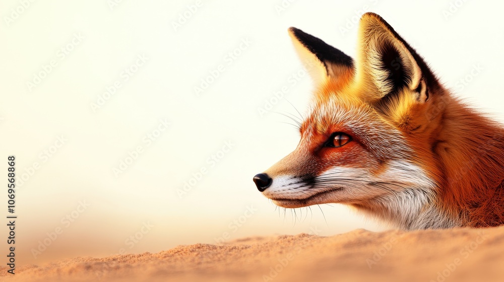 Fototapeta premium Close-up of a red fox gazing into the distance against a soft, blurred background, showcasing its vibrant fur and alert expression.