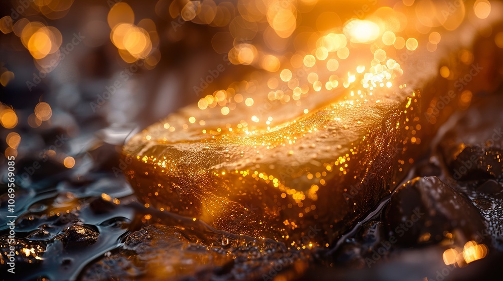 Golden Hour Reflections: Close-Up Photography of Wet Rock with Bokeh Golden Hour Reflections: Close-Up Photography of Wet Rock with Bokeh