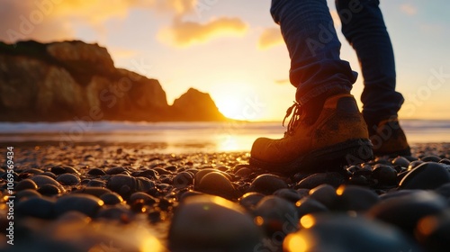 Close-up of hiking boots on rocky beach at sunset, capturing adventure, exploration, and nature's beauty. Ideal for travel and outdoor themes. photo