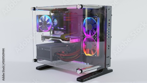 High-Quality 3D Render of Compact RGB PC Build – Small Form Factor Gaming and Workstation Desktop with Custom RGB Lighting and Modern Design.