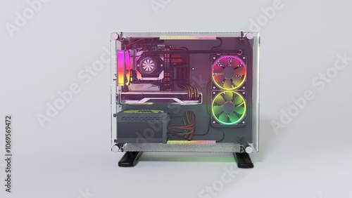 High-Quality 3D Render of Compact RGB PC Build – Small Form Factor Gaming and Workstation Desktop with Custom RGB Lighting and Modern Design. photo