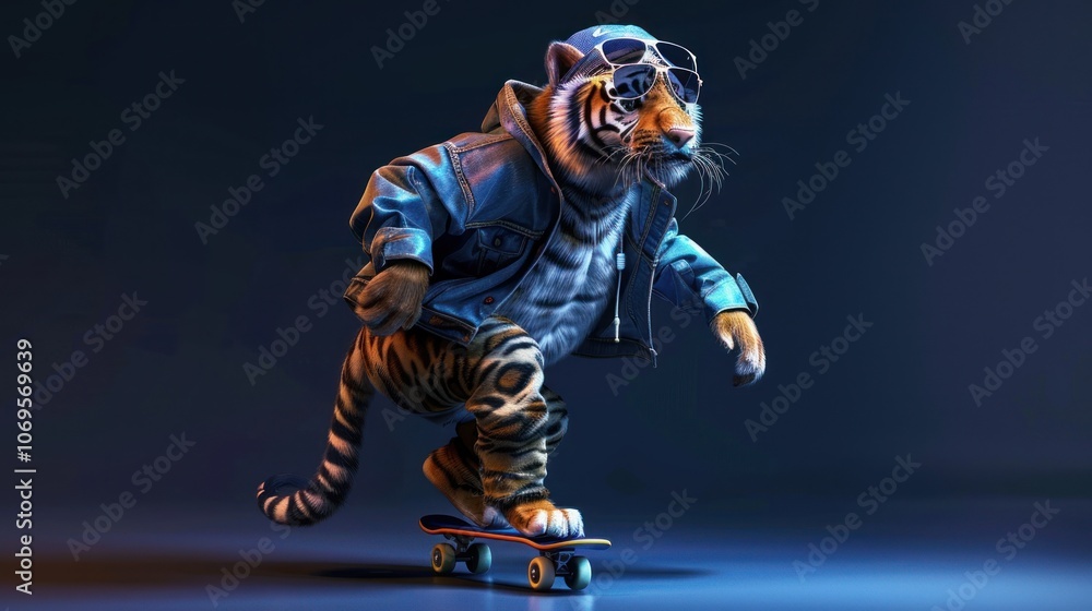 Obraz premium Tiger wearing trendy clothes and sunglasses and skateboarding on dark blue background,