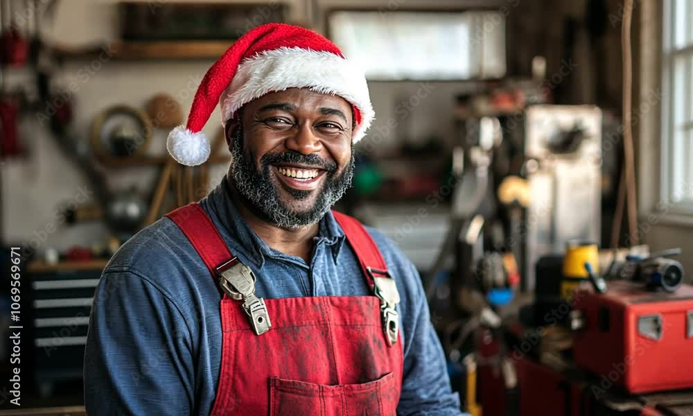Cheerful Mechanic Wearing a Santa Hat in Workshop Cheerful Mechanic Wearing a Santa Hat in Workshop