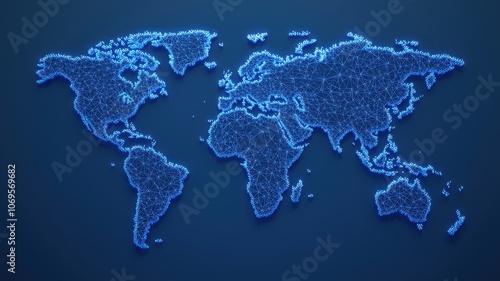 Fototapeta Naklejka Na Ścianę i Meble -  A digital globe illustration made of glowing blue dots, representing a high-tech world map on a dark background.