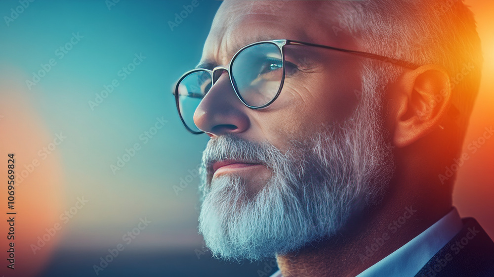 Close-up of a senior man with glasses and a beard looking thoughtfully into the distance. Close-up of a senior man with glasses and a beard looking thoughtfully into the distance.