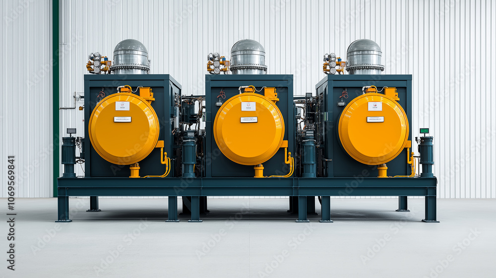 High quality photo of industrial machinery in recycling plant, showcasing three large yellow tanks with pipes and valves, emphasizing modern technology and efficiency High quality photo of industrial machinery in recycling plant, showcasing three large yellow tanks with pipes and valves, emphasizing modern technology and efficiency
