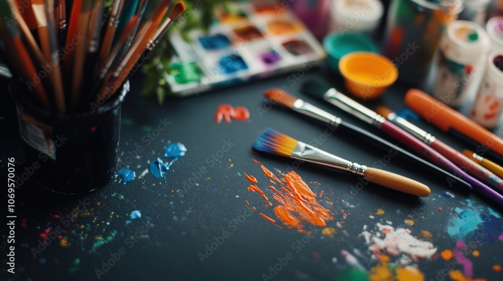Fototapeta premium Colorful art supplies including paintbrushes and pencils on a table, with vibrant splashes of paint creating an inspiring creative workspace.