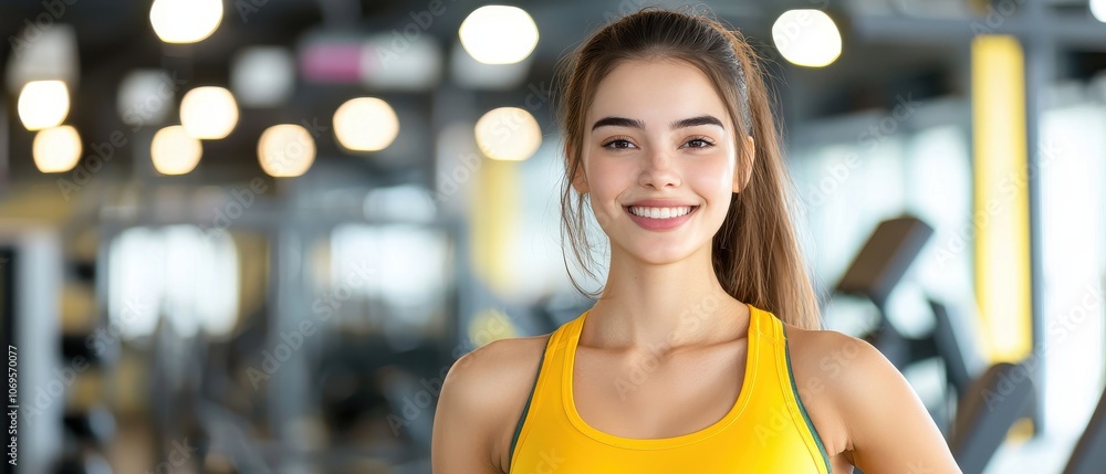 A smiling woman in a yellow tank top stands confidently in a brightly lit gym, embodying fitness and positivity. A smiling woman in a yellow tank top stands confidently in a brightly lit gym, embodying fitness and positivity.