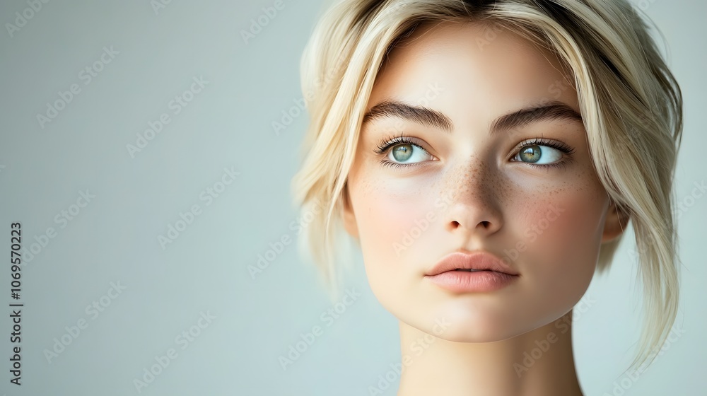 Naklejka premium Wide angle, Lifestyle photo of a woman in deep thought, furrowing her brows with her eyes narrowed, portraying a moment of concentration, 4k resolution, Plain background, cinematic scene