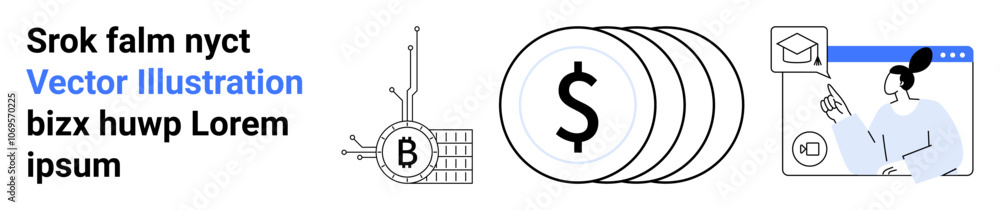 Bitcoin chart, financial coins with dollar sign, and female educator holding pen. Ideal for finance blogs, educational tools, online courses, financial planning, cryptocurrency guides, e-learning Bitcoin chart, financial coins with dollar sign, and female educator holding pen. Ideal for finance blogs, educational tools, online courses, financial planning, cryptocurrency guides, e-learning