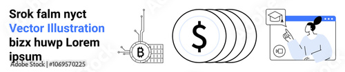 Bitcoin chart, financial coins with dollar sign, and female educator holding pen. Ideal for finance blogs, educational tools, online courses, financial planning, cryptocurrency guides, e-learning