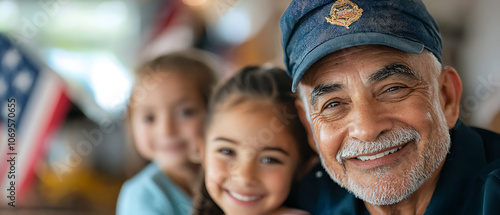 Navy veteran smiles with grandchildren while celebrating veterans day