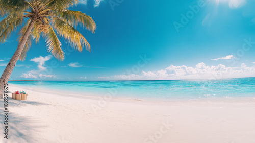 Wallpaper Mural A pristine beach with a palm tree, crystal clear turquoise water, and white sand under a sunny sky. Torontodigital.ca