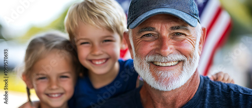Navy veteran smiles brightly with grandchildren celebrating veterans day together