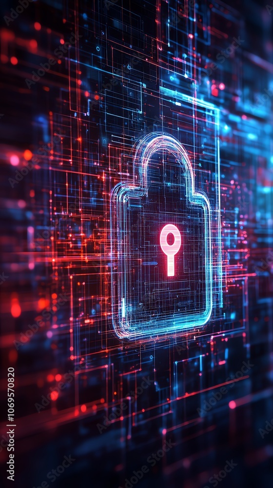 A glowing padlock icon hovers over a digital background of blue and red lines. A glowing padlock icon hovers over a digital background of blue and red lines.